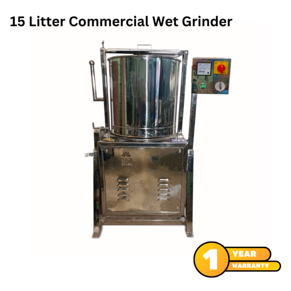 A smaller stainless steel 7-liter commercial tilting wet grinder featuring a sturdy design, and control panel. Includes a "1-Year Warranty" badge on the bottom right.